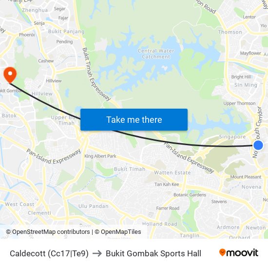 Caldecott (Cc17|Te9) to Bukit Gombak Sports Hall map