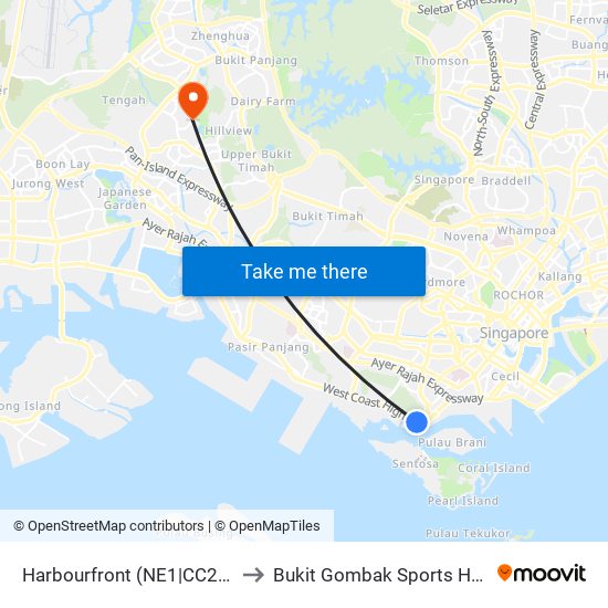 Harbourfront (NE1|CC29) to Bukit Gombak Sports Hall map