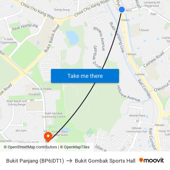 Bukit Panjang (BP6|DT1) to Bukit Gombak Sports Hall map