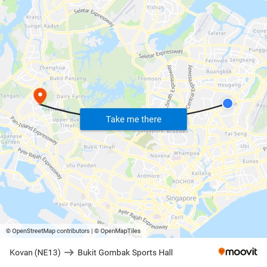 Kovan (NE13) to Bukit Gombak Sports Hall map