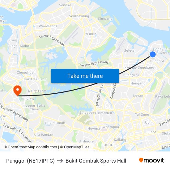 Punggol (NE17|PTC) to Bukit Gombak Sports Hall map