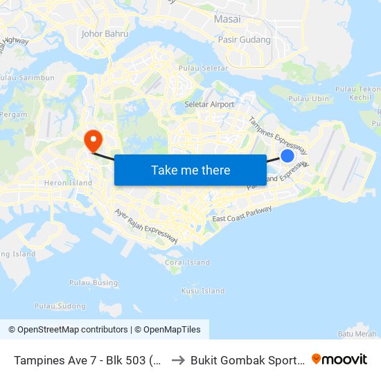 Tampines Ave 7 - Blk 503 (76199) to Bukit Gombak Sports Hall map