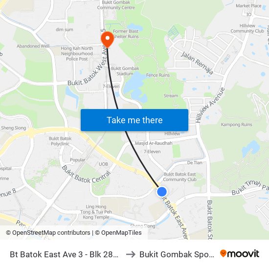 Bt Batok East Ave 3 - Blk 283 (43189) to Bukit Gombak Sports Hall map