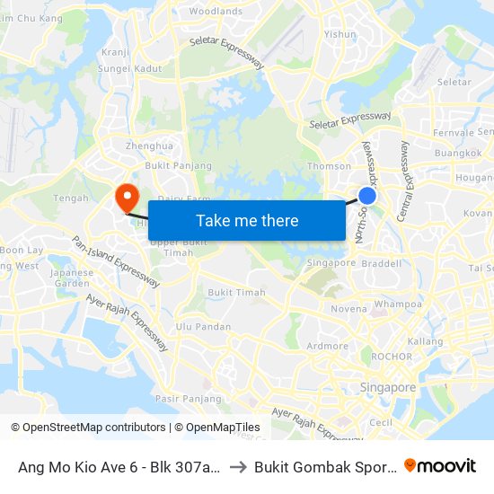 Ang Mo Kio Ave 6 - Blk 307a (54019) to Bukit Gombak Sports Hall map