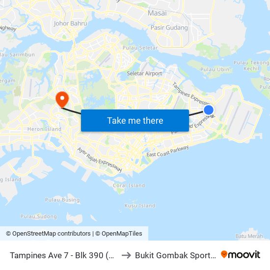 Tampines Ave 7 - Blk 390 (76239) to Bukit Gombak Sports Hall map