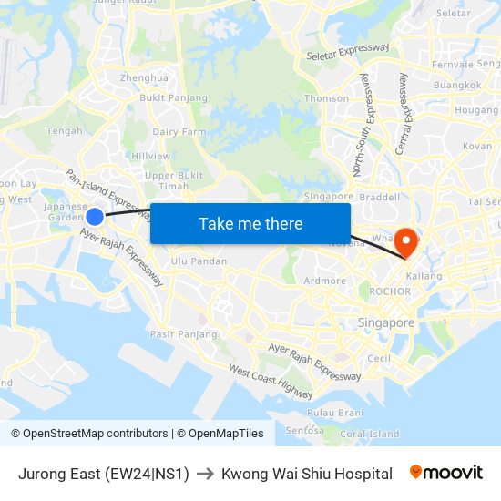 Jurong East (EW24|NS1) to Kwong Wai Shiu Hospital map