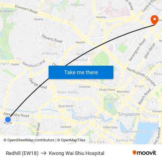 Redhill (EW18) to Kwong Wai Shiu Hospital map