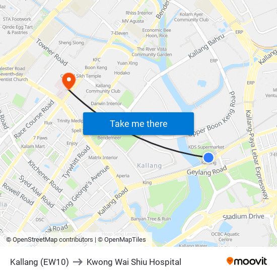 Kallang (EW10) to Kwong Wai Shiu Hospital map