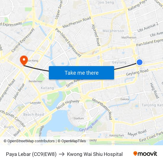 Paya Lebar (CC9|EW8) to Kwong Wai Shiu Hospital map