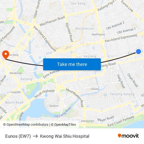 Eunos (EW7) to Kwong Wai Shiu Hospital map