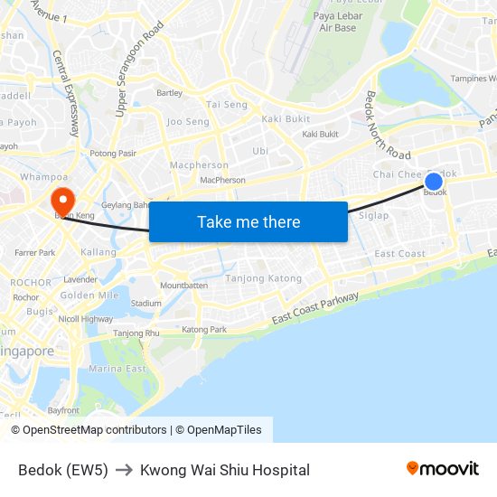 Bedok (EW5) to Kwong Wai Shiu Hospital map