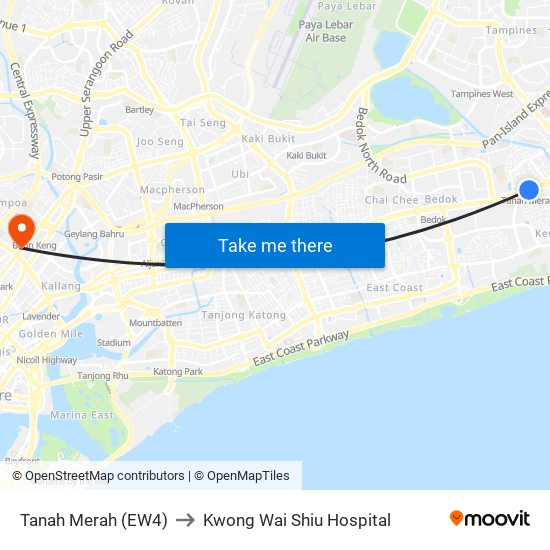 Tanah Merah (EW4) to Kwong Wai Shiu Hospital map