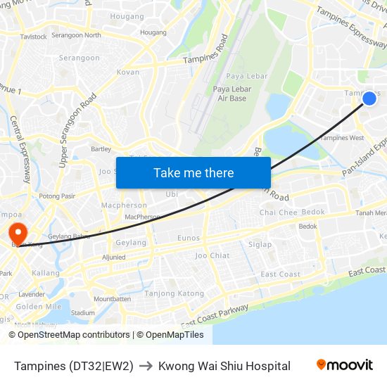 Tampines (DT32|EW2) to Kwong Wai Shiu Hospital map