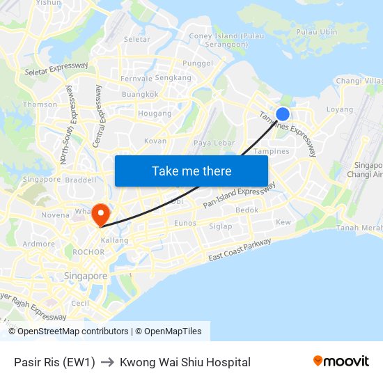 Pasir Ris (EW1) to Kwong Wai Shiu Hospital map