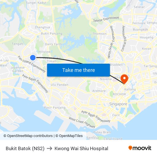 Bukit Batok (NS2) to Kwong Wai Shiu Hospital map