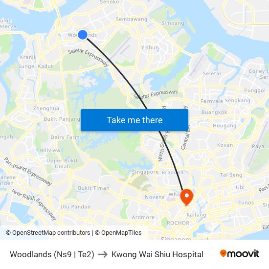 Woodlands (Ns9 | Te2) to Kwong Wai Shiu Hospital map