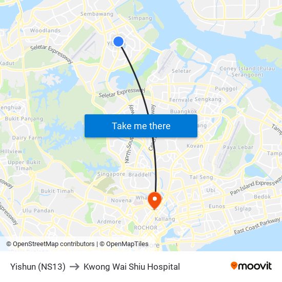 Yishun (NS13) to Kwong Wai Shiu Hospital map