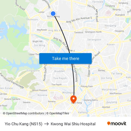 Yio Chu Kang (NS15) to Kwong Wai Shiu Hospital map
