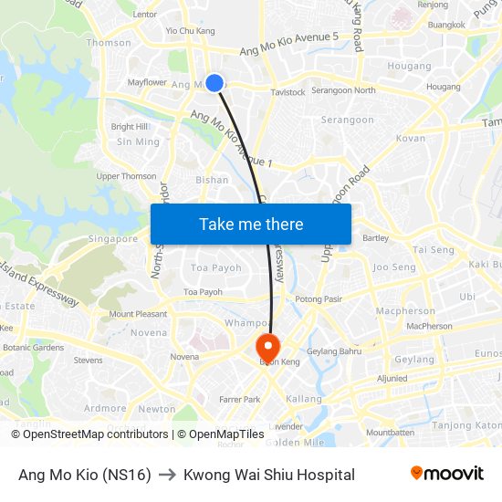 Ang Mo Kio (NS16) to Kwong Wai Shiu Hospital map