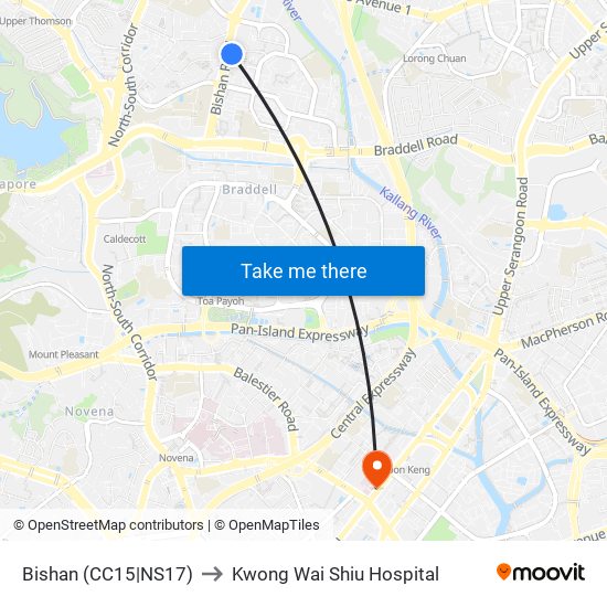 Bishan (CC15|NS17) to Kwong Wai Shiu Hospital map