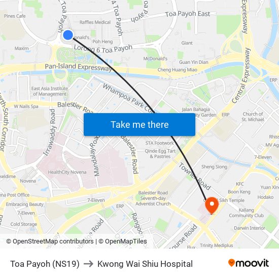 Toa Payoh (NS19) to Kwong Wai Shiu Hospital map