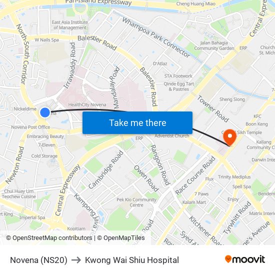 Novena (NS20) to Kwong Wai Shiu Hospital map