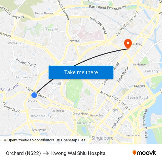 Orchard (NS22) to Kwong Wai Shiu Hospital map