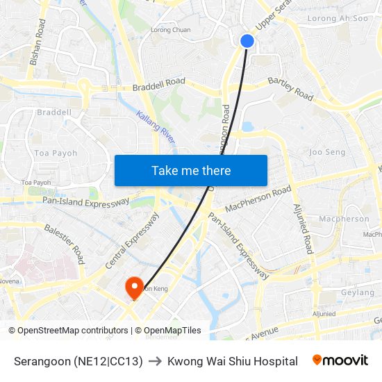 Serangoon (NE12|CC13) to Kwong Wai Shiu Hospital map