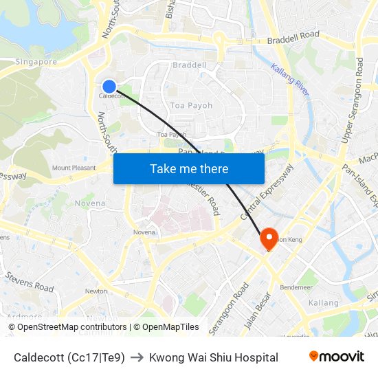 Caldecott (Cc17|Te9) to Kwong Wai Shiu Hospital map