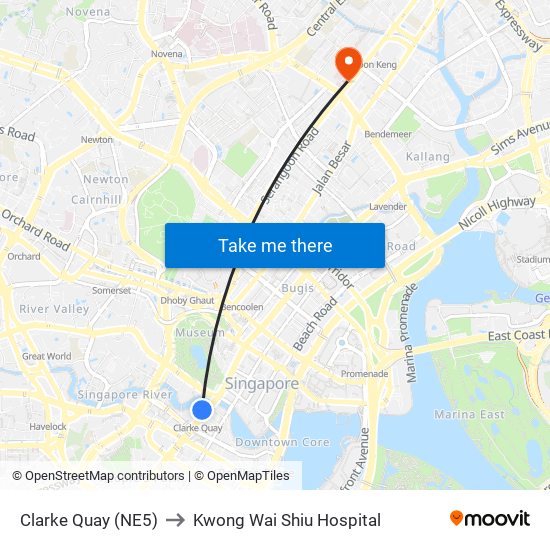Clarke Quay (NE5) to Kwong Wai Shiu Hospital map