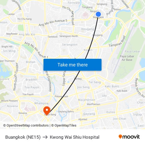 Buangkok (NE15) to Kwong Wai Shiu Hospital map