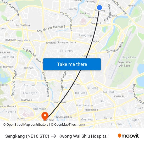 Sengkang (NE16|STC) to Kwong Wai Shiu Hospital map