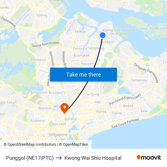 Punggol (NE17|PTC) to Kwong Wai Shiu Hospital map