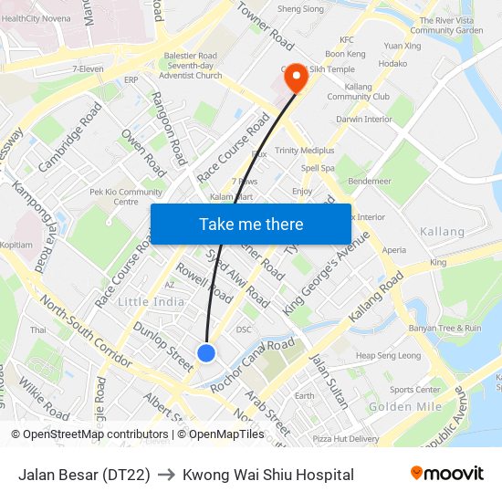 Jalan Besar (DT22) to Kwong Wai Shiu Hospital map