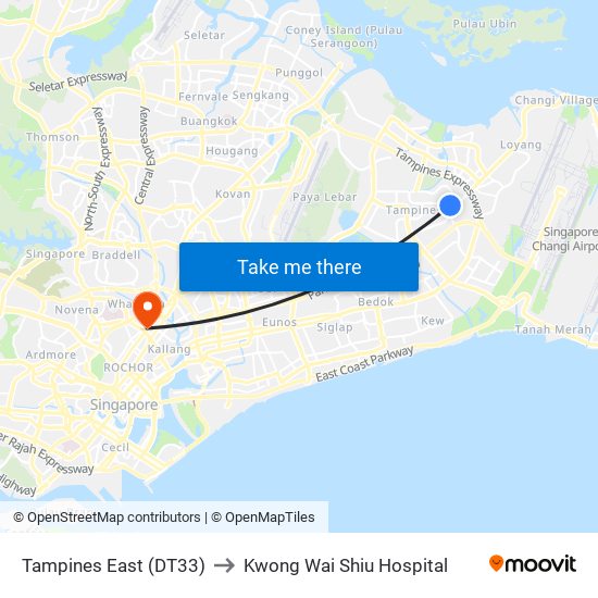 Tampines East (DT33) to Kwong Wai Shiu Hospital map