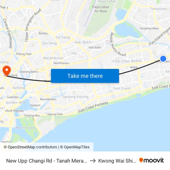 New Upp Changi Rd - Tanah Merah Stn Exit A (85099) to Kwong Wai Shiu Hospital map