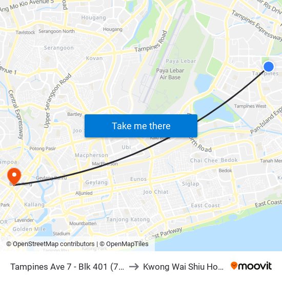 Tampines Ave 7 - Blk 401 (76191) to Kwong Wai Shiu Hospital map