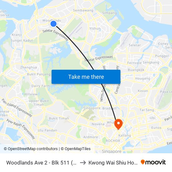 Woodlands Ave 2 - Blk 511 (46331) to Kwong Wai Shiu Hospital map
