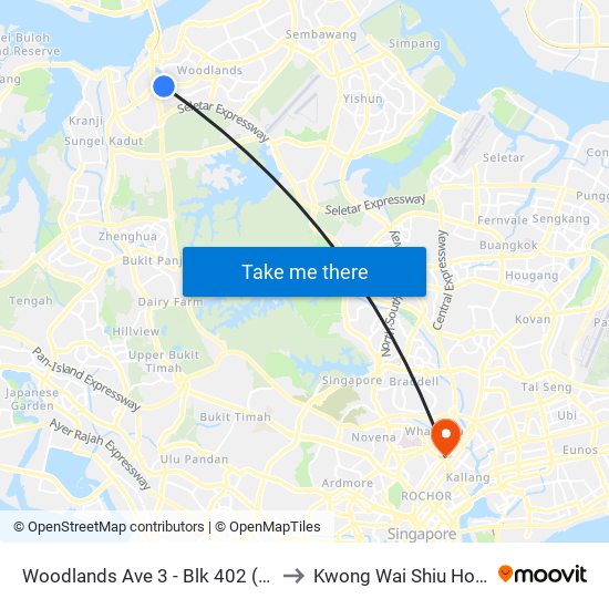 Woodlands Ave 3 - Blk 402 (46491) to Kwong Wai Shiu Hospital map