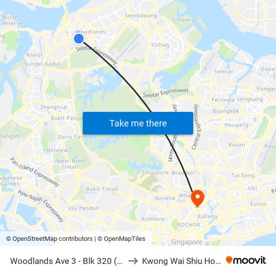 Woodlands Ave 3 - Blk 320 (46539) to Kwong Wai Shiu Hospital map