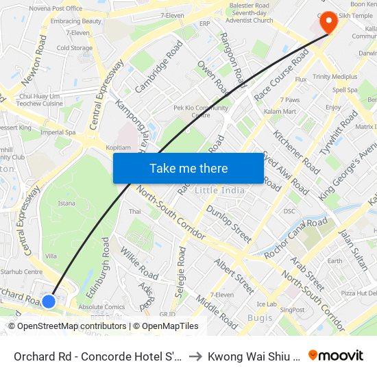 Orchard Rd - Concorde Hotel S'Pore (08138) to Kwong Wai Shiu Hospital map