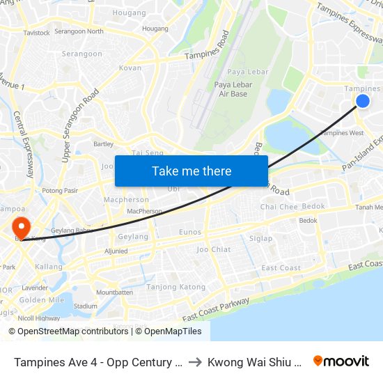 Tampines Ave 4 - Opp Century Sq (76139) to Kwong Wai Shiu Hospital map