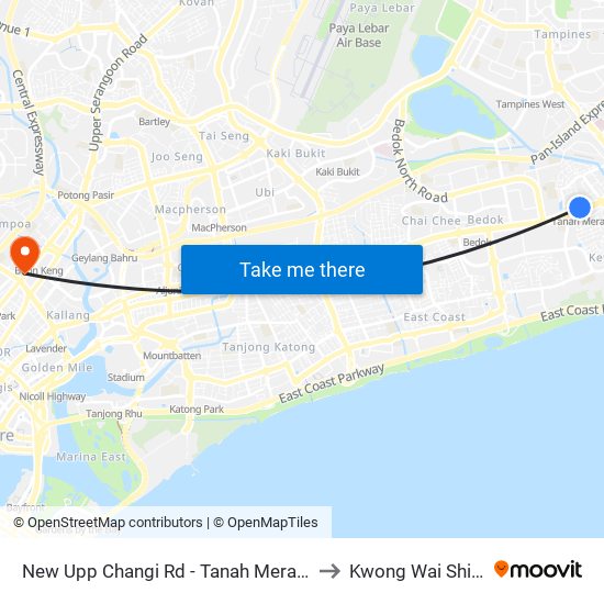 New Upp Changi Rd - Tanah Merah Stn Exit B (85091) to Kwong Wai Shiu Hospital map