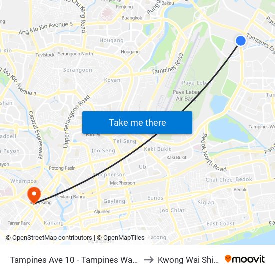 Tampines Ave 10 - Tampines Wafer Fab Pk (75351) to Kwong Wai Shiu Hospital map