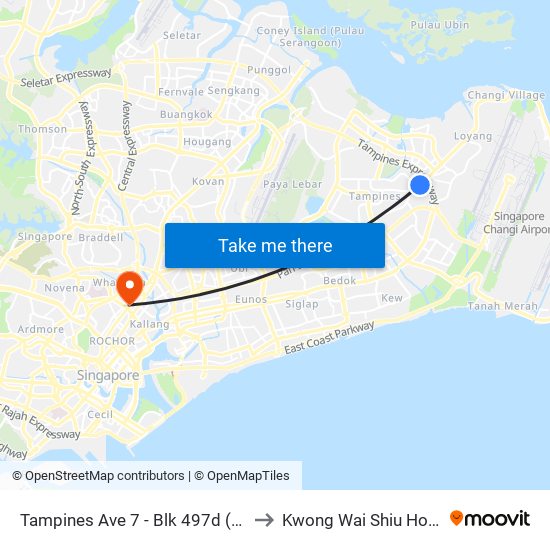 Tampines Ave 7 - Blk 497d (76241) to Kwong Wai Shiu Hospital map