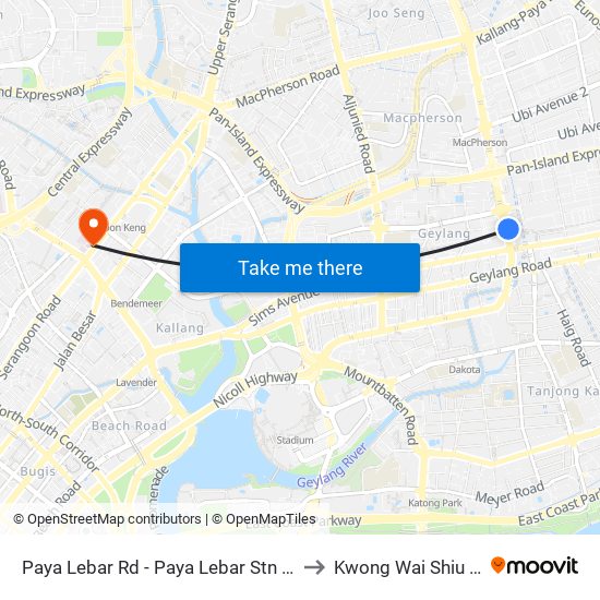 Paya Lebar Rd - Paya Lebar Stn Exit B (81111) to Kwong Wai Shiu Hospital map