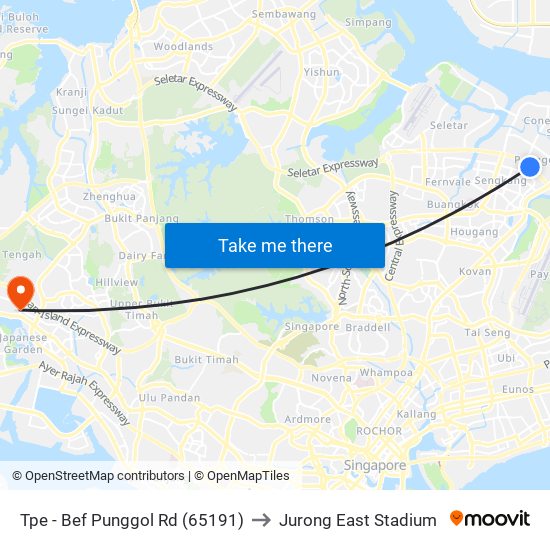 Tpe -  Bef Punggol Rd (65191) to Jurong East Stadium map