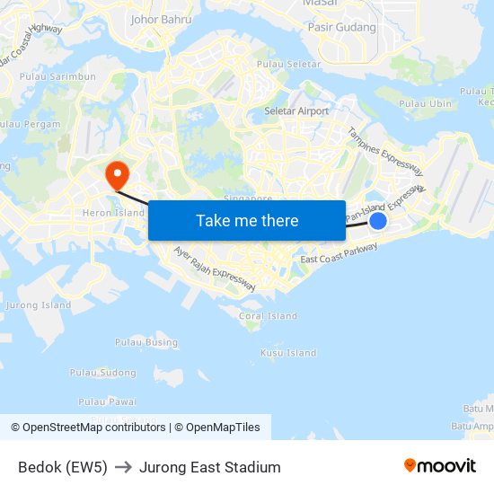 Bedok (EW5) to Jurong East Stadium map