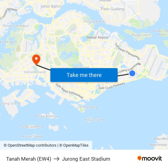Tanah Merah (EW4) to Jurong East Stadium map