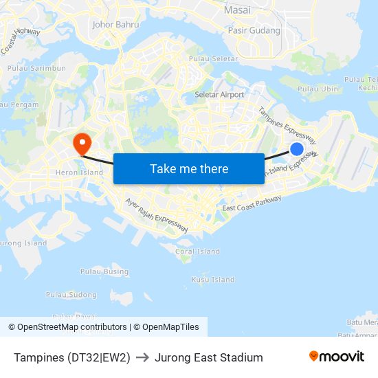 Tampines (DT32|EW2) to Jurong East Stadium map